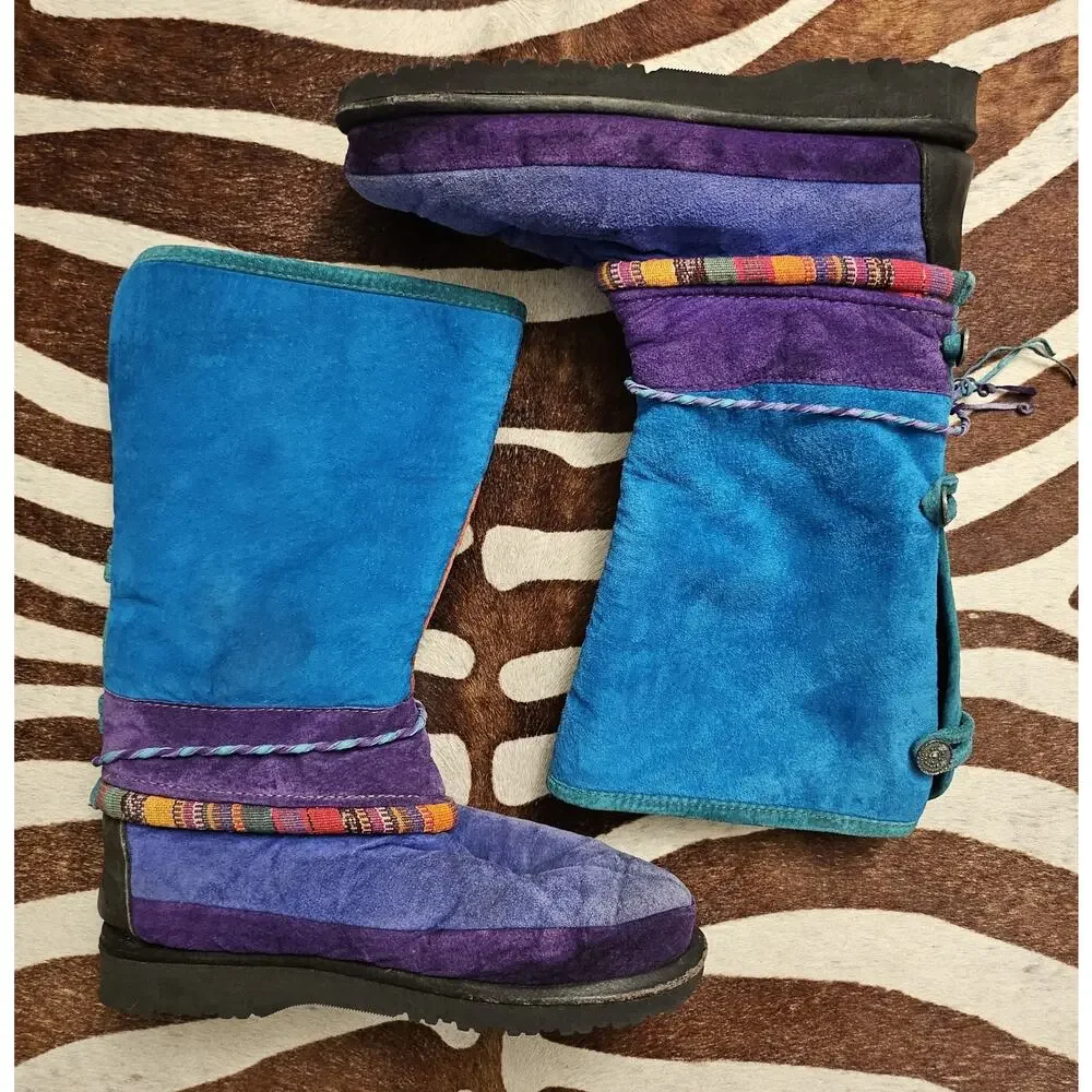 Vintage 90s Shearling Native Eskimo Boots Southwestern Leather Teal Vibram Sole